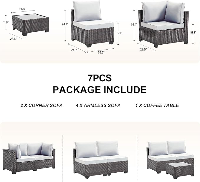 CANMOV 7 Pieces Patio Furniture Sets, All Weather Outdoor Patio Conversation Set, PE Wicker Rattan Sectional Sofa Couch Glass Coffee Table Washable Cushions for Backyard Garden, Poolside, Light Grey