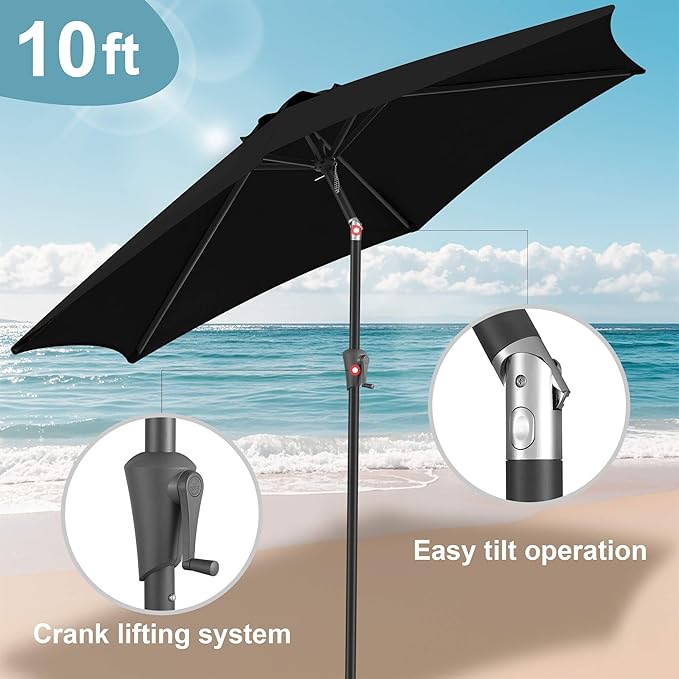FLAME&SHADE 10ft Patio Umbrella - Outdoor Umbrella with 6 Sturdy Ribs, Push Button Tilt and Crank, UV Protection Table Market Umbrella for Pool, Porch，Garden, Deck, Backyard(Black)