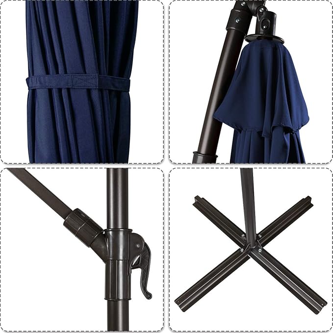 JEAREY Patio Umbrella 10 Ft Offset Cantilever Umbrella Outdoor Market Hanging Umbrellas & Crank with Cross Base, 8 Ribs(Navy Blue)
