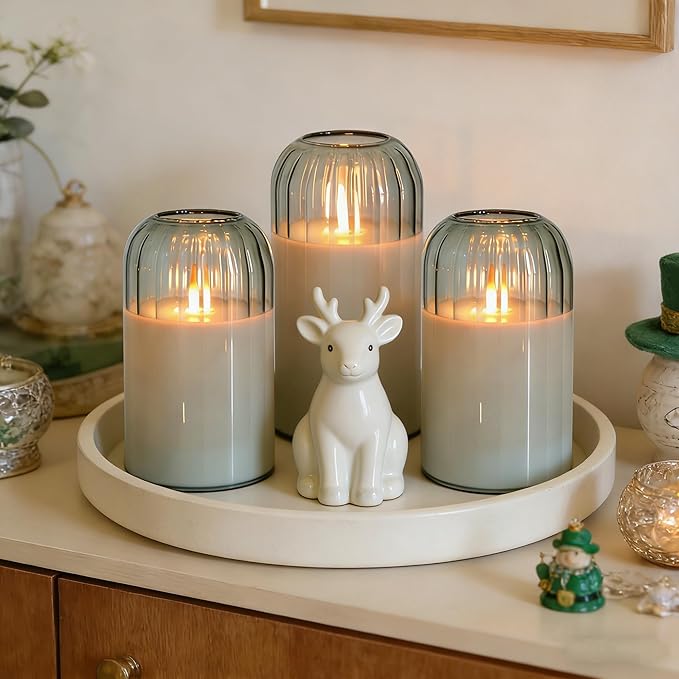 MUMCHASI Green Flameless Battery Operated Candles with Remote, Set of 5 Glass Jar LED Candles with Dancing Flame, Flickering Electric Candlelight for Home Wedding Party Decor H4”5”5”6" 6”