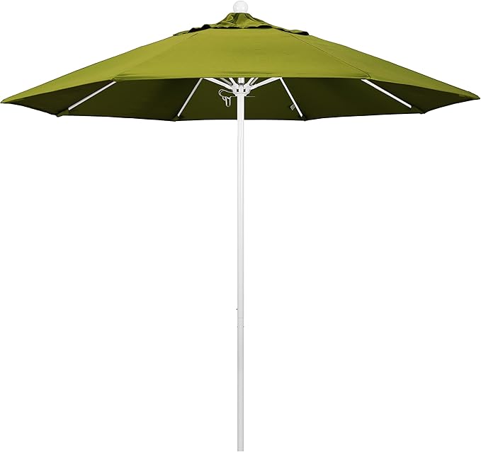 California Umbrella 9' Round Aluminum/Fiberglass Umbrella, Push Open, White Pole, Olefin Kiwi Fabric