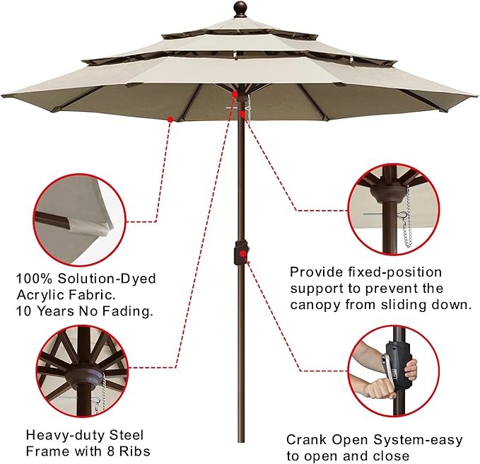 EliteShade USA 10-Year-Non-Fading 11ft 3-Tier Market Patio Umbrella, Commercial Grade Outdoor Table Umbrella with Crank Open, Windproof & UPF 50+ UV Protection, Heavy Duty Ventilation for Garden, Deck, Pool, Backyard, Beach & Bistro, No Tilt, Antique B...