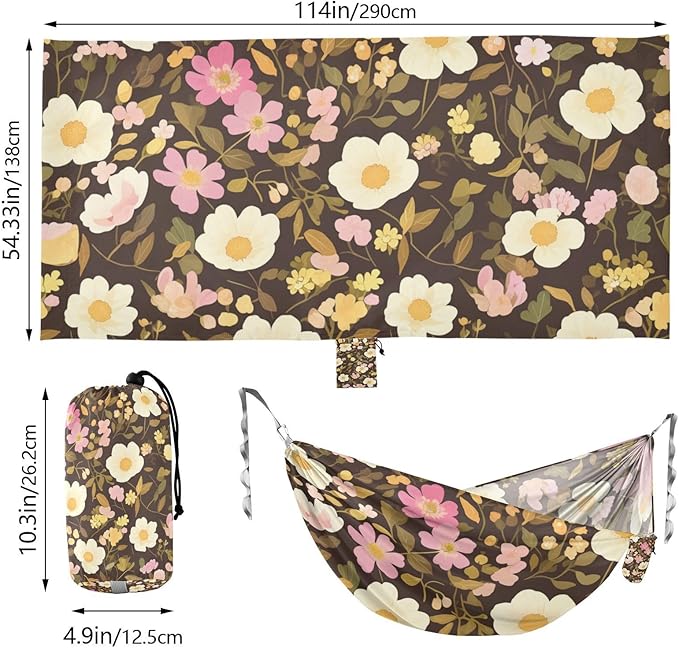 Retro Vibrant Flower Leaves 330lb Capacity Outdoor Hammock with Portabl Carry Bag Backyard Hammock for Patio Backyard Lounge Base hamacas para adultos con soporte