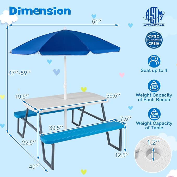 KOTEK Kids Picnic Table with Umbrella, Toddler Outdoor Table and Bench Set, Easy to Clean, HDPE Top & Metal Frame, 660LBS Capacity, Kids Patio Furniture for Backyard Park Garden (Blue)