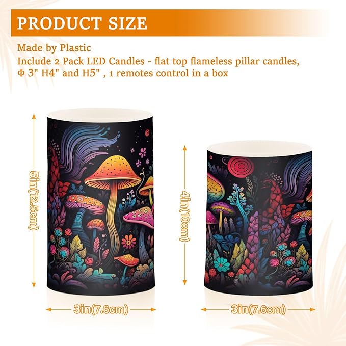 Doodle Colourful Fantasy Mushroom Flameless Candles Color Changing LED Candles with Remote Control Battery Candles for Outdoor and Indoor Home and Room Decoration, 3'' x 4''/5'' Set of 2 Pieces