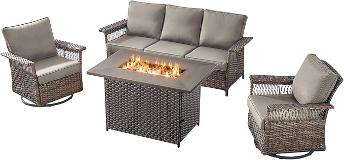 Patio Furniture Set with Fire Pit Table, 4PCS Patio Conversation Set Brown Resin Wicker Swivel Patio Chair and Sofa with 41in Rectangular Fire Table PE Rattan Patio Furniture Set