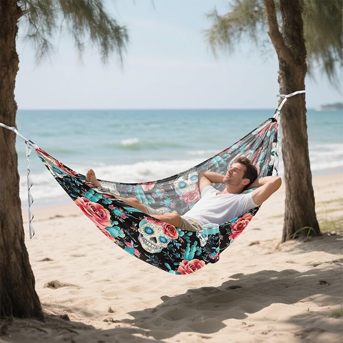 Camping Hammock Outdoor Hammocks for Outside Skull Rose Cactus Beach Trees Portable Lightweight with Pockets Tree Straps Indoor