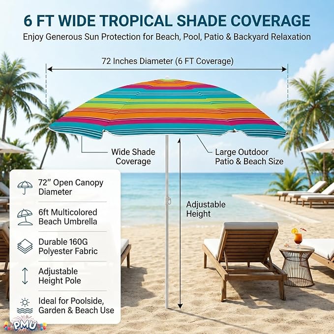 PMU 4 Pcs 6ft Multicolored Beach Umbrella – Vibrant Rainbow Stripe Design, 72in Open, 160G Polyester, Large Outdoor Patio Pool Parasol Umbrella for Garden, Deck, Backyard & Pool