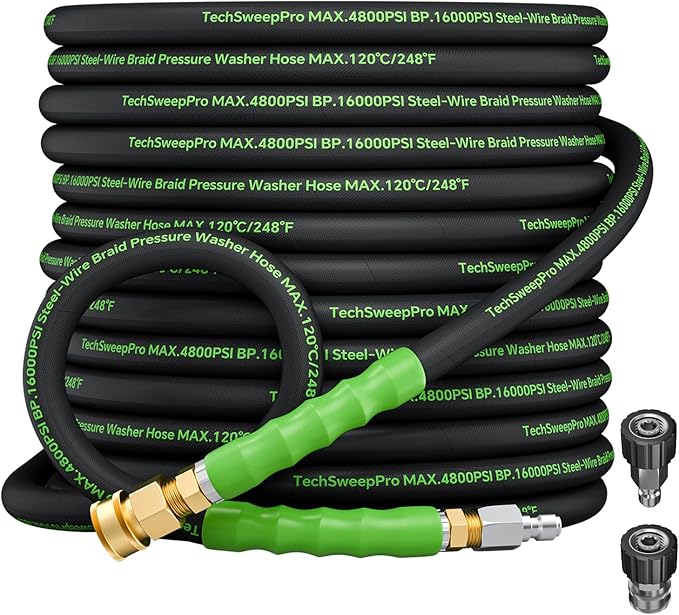 3/8" 4800PSI Pressure washer hose 50ft for cold and hot water Max 248°F with 3/8"quick connect Kink resistant Steel Wire Braided Power Washer Hose with M22 14mm Adapter，Green