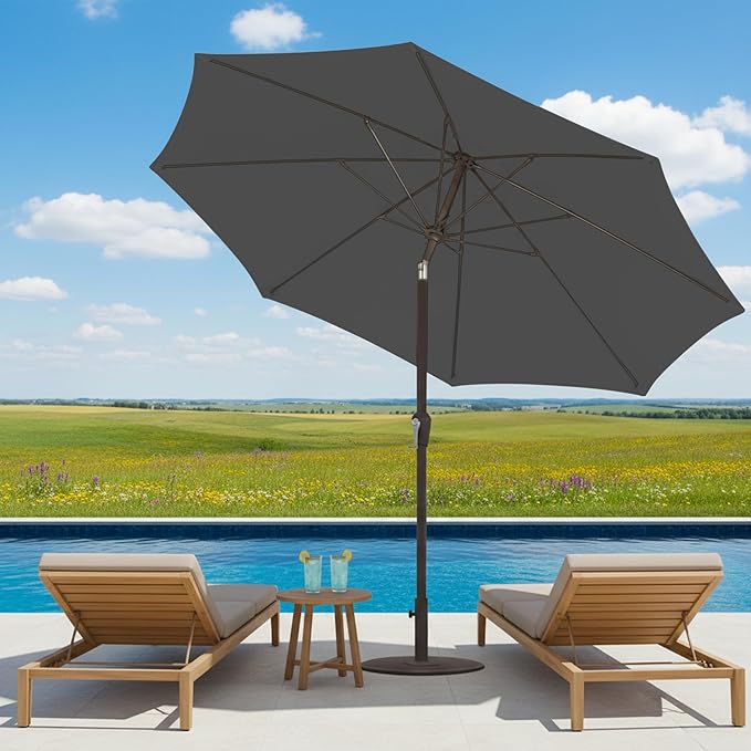11FT Patio Umbrella, Outdoor Umbrella with with 8 Sturdy Fiberglass Ribs,Market Table Umbrella with Push Button Tilt and Crank,Suit for Backyard,Garden,Pool,Deck(Gray)