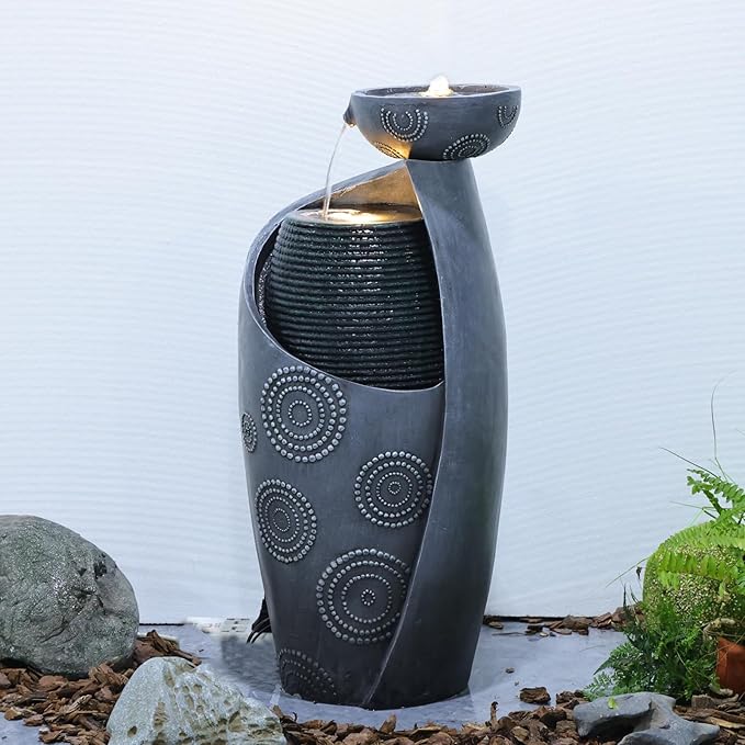 Sunlinua Vase Outdoor Water Fountain, 31.4''H Jar Waterfall Fountain with Warm LED Lights&Durable Pump for Yard, Porches, Home Décor,Garden,Office