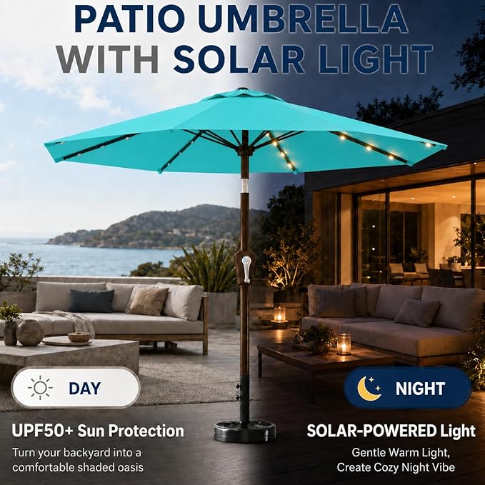 10FT Solar Patio Umbrella with Lights, Outdoor Table Market Umbrella with 32 LED Lights, 8 Sturdy Ribs, Push Button Tilt and Crank for Pool, Deck and Garden, UV-Resistant