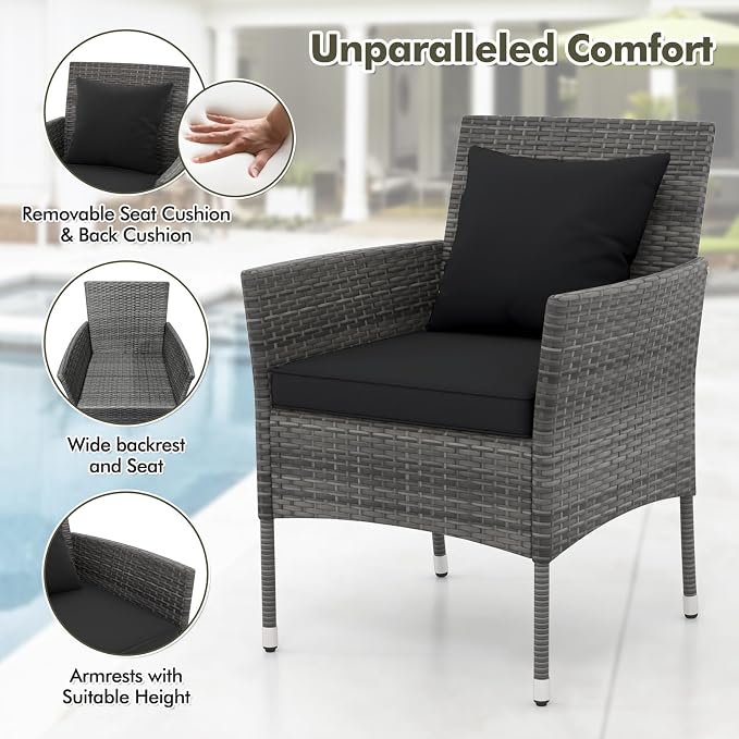 DORTALA Wicker Patio Furniture Set 3 Piece, Small Outdoor Table & Chairs with Tempered Glass Tabletop, Cushions, Rattan Conversation Bistro Set for Balcony, Porch, Backyard, Deck, Mix Gray+Black