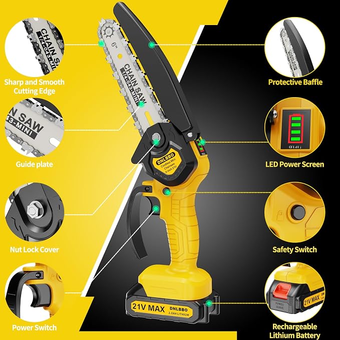 Mini Chainsaw - 6 Inch Battery Chainsaw with Power Display, 2 Batteries Included, Garden Tool for Tree Branch Trimming & Wood Cutting, Ideal Holiday Gifts for Men, Fathers & Gardening Enthusiasts