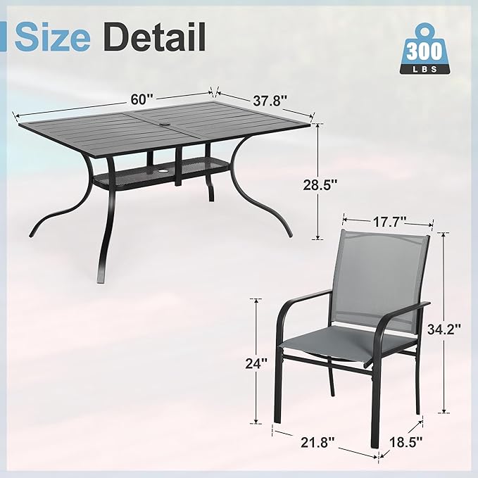 Crownland 7-Piece Outdoor Dining Set, Patio Textilene Dining Sets, 6 Metal Textilene Chairs and Rectangular Outdoor Dining Table with 1.57" Umbrella Hole(Grey)