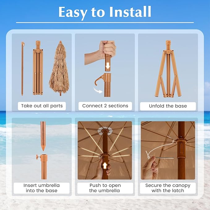 6.5Ft Tiki Umbrella Outdoor Patio, Hawaiian Hula PP Grass Umbrella with Tilt Design, 8 Ribs, Carry Bag & Foldable Base, Thatch Umbrella for Patio, Garden & Pool