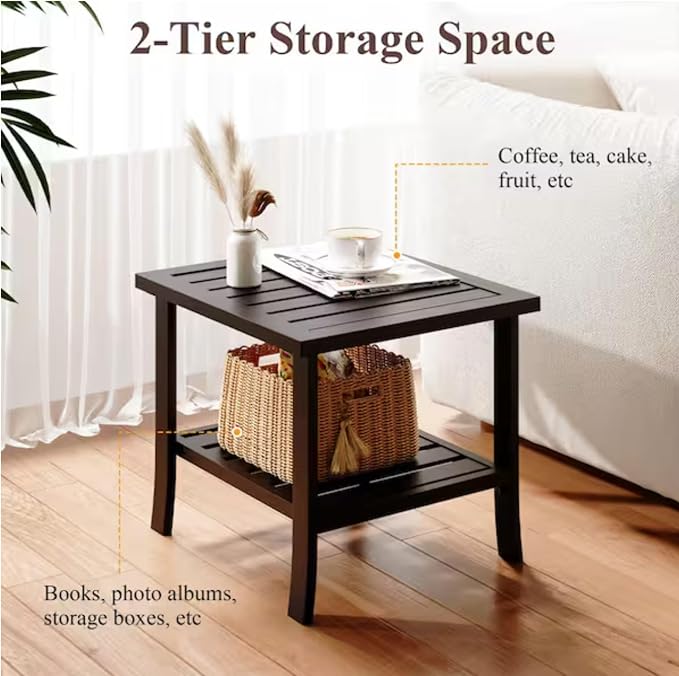 Penau 19 Inchs Square Metal Outdoor Side Table, 2 Tier Powder Coated Steel End Table, Slatted Top for Quick Drainage, Compact Patio Accent Table 19 x 19 x 18 Inchs, Brown