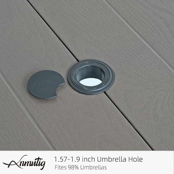 63" Wood-like Embossing Rectangle Outdoor Patio Dining Table for 6 Person | 63" x 38" x 28" Rectangle, Metal Wood-like Embossing Table Top, 1.57"-1.9" Adjustable Umbrella Hole, 6 Person Use