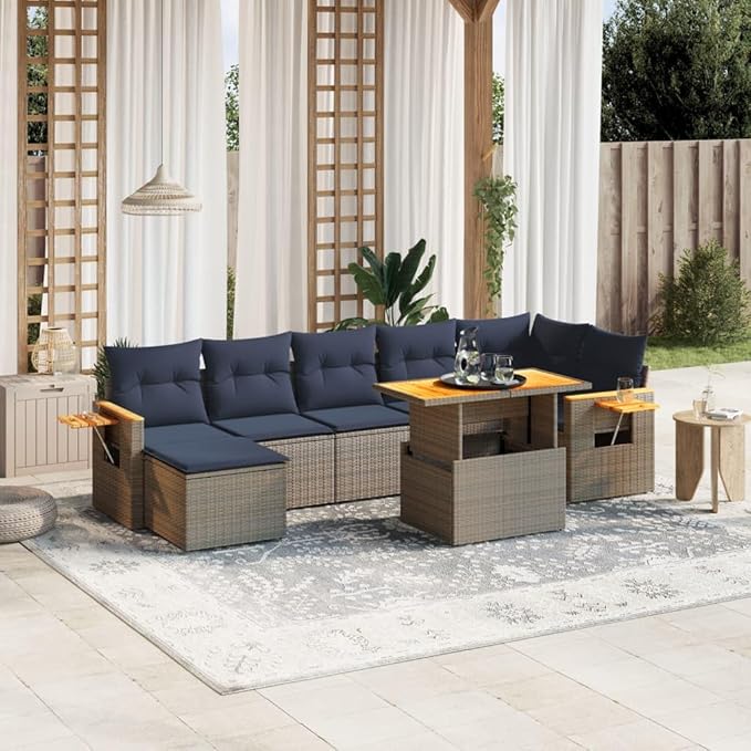 vidaXL Patio Sofa Set with Cushions 8 Piece, Outdoor Conversation Set, Sectional Sofa for Balcony Garden, Modern Style, Gray Poly Rattan