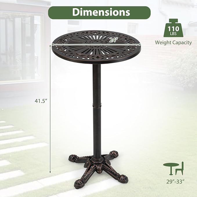 COSTWAY 24" Patio Round Bar Table, 41.5" Pub Height Cast Aluminum High Top Table with Carved Texture for Outdoor, Bistro, Garden, Backyard, Balcony, Poolside, Bronze