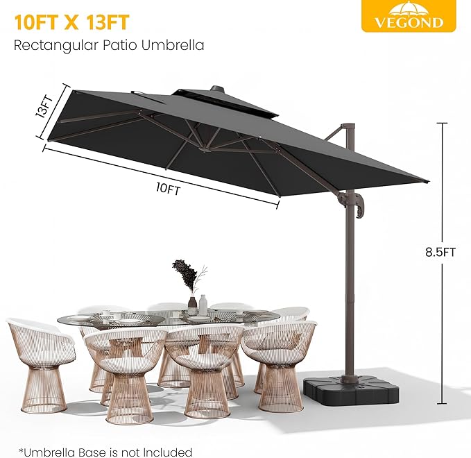 10x13 FT Patio Cantilever Umbrella (Base Not Included) (Base Not Included), Rectangular Heavy Duty Offset Umbrella for 8-10 People, 360°Rotation & Mult Tilt, Double Top Design, for Pool Garden Deck (Grey)
