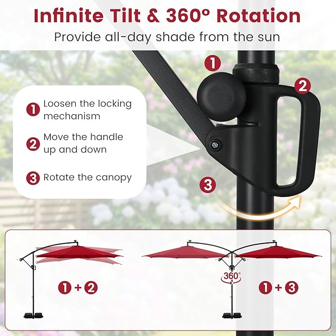 Tangkula 10 FT Solar Patio Umbrella with Base Included, Cantilever Offset Hanging Outdoor Umbrella with 96 Multi-Colored Flowing LED Lights, 9 Modes, Tilt Adjustment, 360° Rotation, Crank for Pool Yard Deck Lawn (Red)