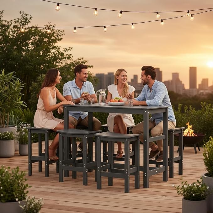 5Pcs Poly Lumber Outdoor Patio Bar Set, All Weather HIPS Bar Table and Chairs Set for Outside, 55" Rectangular High Top Bar Table with 4 Bar Stools for Patio, Poolside, Balcony, Hot Tub, Black