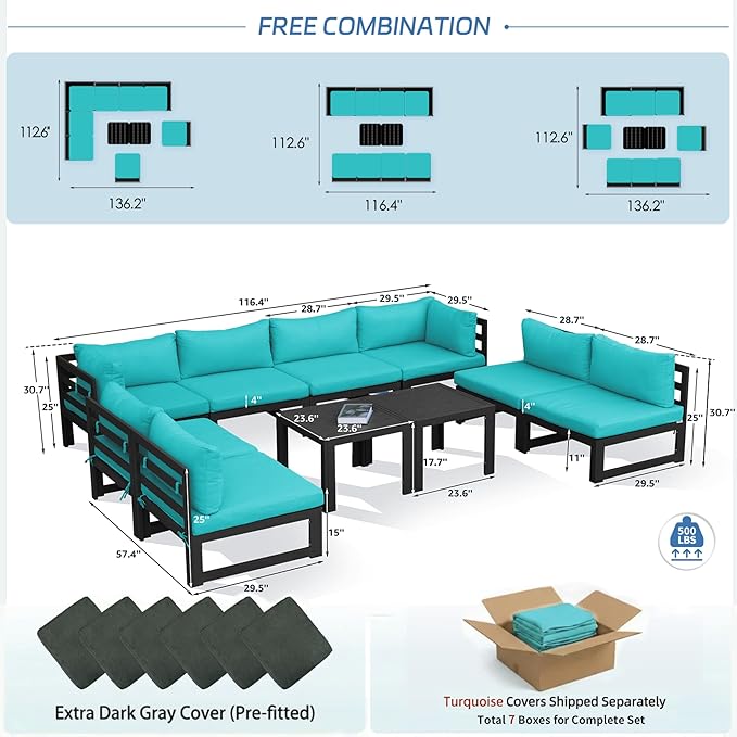 NICESOUL 8 Person Modern Aluminum Patio Furniture Set, 500 lbs Heavy Duty Sturdy Outdoor Sectional Sofa, 29" Deep Wide Large Seating, L Shaped Modular Conversation Couch for Garden Backyard, Turquoise