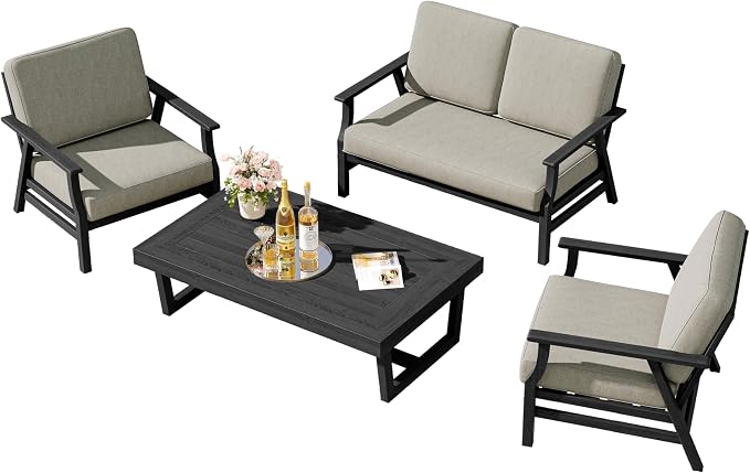 4 Pieces Patio Furniture Sets, Black Wood Outdoor Sectional Furniture with Coffee Table, 4 Seats Patio Sofa Couch Conversation Set for Backyard Deck - Light Camel