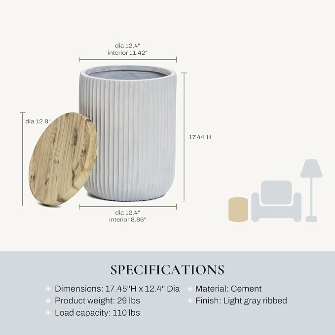 LuxenHome 18" Outdoor Side Table with Storage, Cement Patio End Table with Wood Finish Lid, Accent Table for Patio, Porch, Poolside, Backyard, Outside, Indoor, Garden Stool, Drum, Plant Stand
