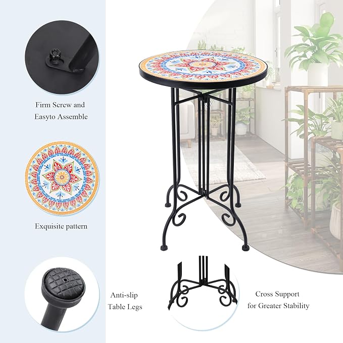 VCUTEKA Mosaic Outdoor Side Table, Round Rustproof Patio Tables with 14" Ceramic Tile Top, Indoor Porch Accent Table for Yard, Garden, Living Room, Bistro Balcony, Orange