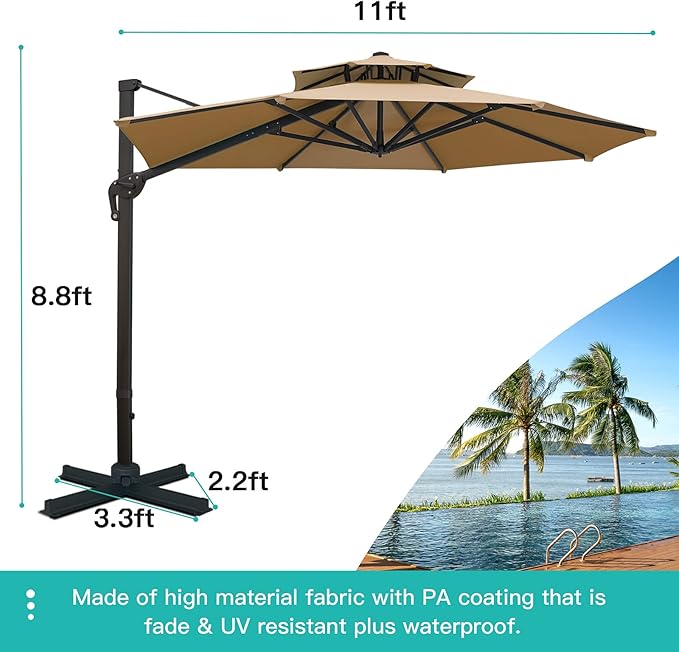Sunnyglade 11FT Double Top Cantilever Patio Umbrella Deluxe Offset Umbrella 360° Rotation & Integrated Tilting System Heavy Duty Outdoor Umbrella for Market Garden Deck Pool Backyard Patio(Tan)