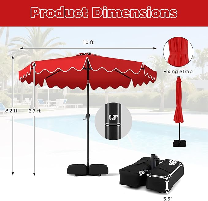 Tangkula 10 FT Solar Patio Umbrella with Base Included, 2-Tiers Outdoor Scalloped Table Umbrella with 32 LED Lights, 2 Sandbags, Tilt Adjustment, Crank, 8 Ribs for Market Backyard Pool Deck Beach Lawn (Red, 10 FT)