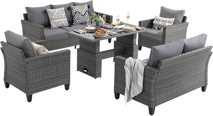 SUNSITT Outdoor Patio Furniture Set 5 Piece Wicker Conversation Set with Lift Coffee Table Sectional Dining Set 3 Seat Sofa Couch with Loveseat, Grey Wicker & Grey Cushion