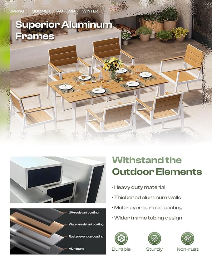 Outdoor Dining Set for 8, Patio Table and Chairs Set with Umbrella Hole, 10 Pieces HDPS + Aluminum Outdoor Furniture Sets for Patio, Garden (White & Teak)