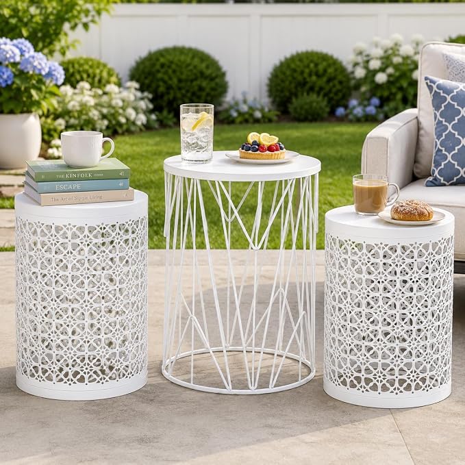 Y&M Outdoor Side Tables, Set of 3 Metal Stacking Patio Side Tables for Outside, Round Indoor End Tables, Coffee Accent Poolside Tables for Patio Garden Balcony, White