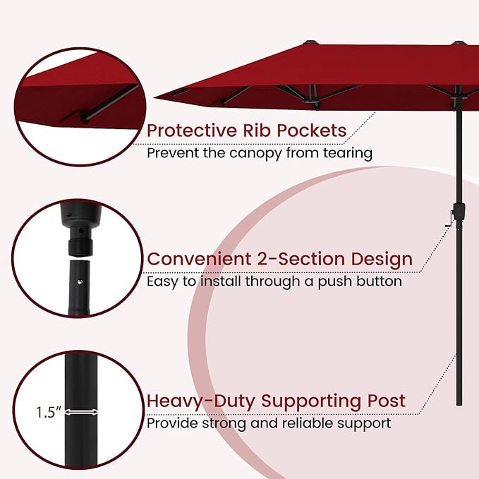 Tangkula 13 FT Large Patio Umbrella, Outdoor Double-Sided Table Market Umbrella w/Crank Handle, 12 Heavy-Duty Ribs, Sun-Protective Rectangular Twin Parasol for Garden Deck Lawn Poolside (Burgundy)