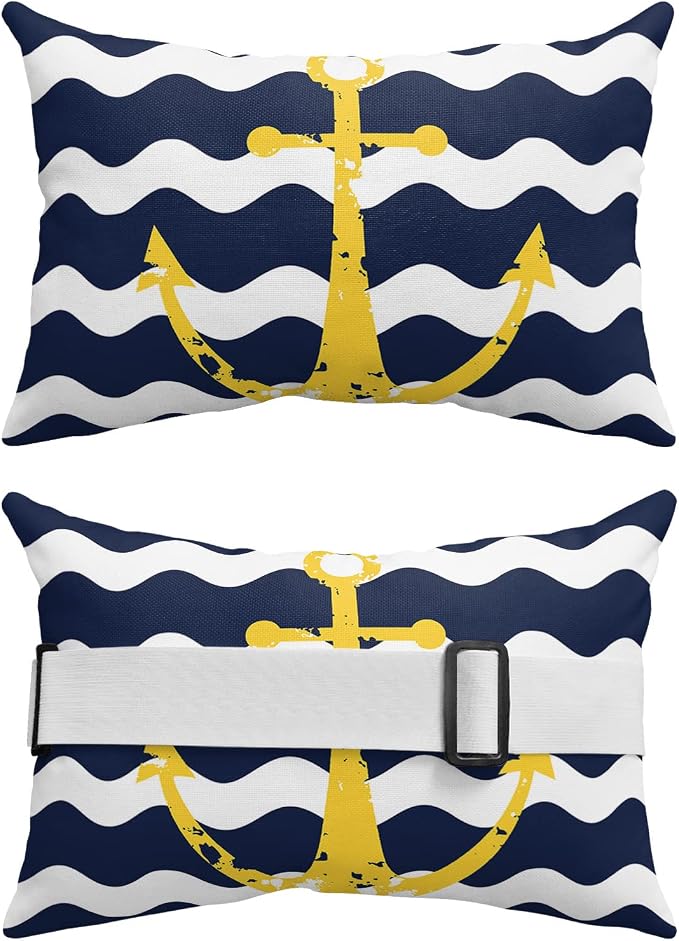 Outdoor Pillows Covers with Inserts Navy Blue Wave Stripes Yellow Nautical Anchor Waterproof Recliner Pillow with Adjustable Strap Throw Pillows for Patio Furniture Pool Lounge Chair, 11x16 inch, 1PCS