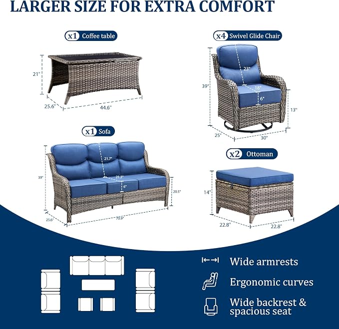 Luxury Swivel Rocker Chair Sofa Set with 6" Thick Cushions,8-Piece Wicker Patio Chair with Coffee Table and Ottoman,Outdoor Comfortable High Back Chair Patio Furniture Set - Gery | Blue