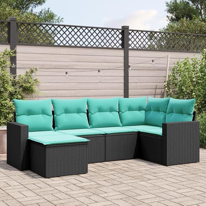 6 Piece Patio Sofa Set with Cushions, Porch Furniture Set Garden Lounge Set Patio Conversation Set Outdoor Dining Sets for Negotiation Area Garden Poolside Exhibition Black Poly Rattan