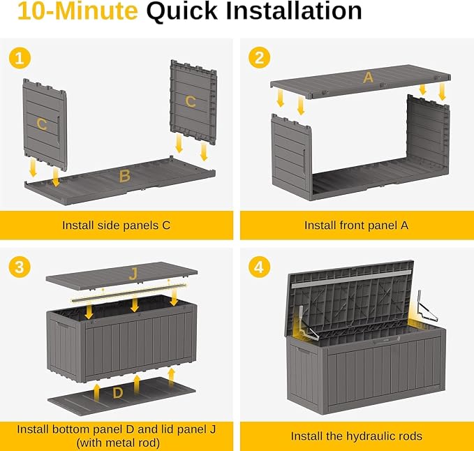 EAST OAK Outdoor Storage Box, 90 Gallon Deck Box, Water-Resistant Resin Storage Bin for Patio Cushions, Gardening Tools, UV Resistant, Lockable, Grey