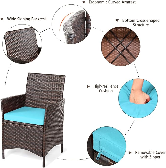 3 Pieces Patio Furniture Set, Wicker Outdoor Furniture with Water-Resistant Cushion & Tempered Glass Top Table, Conversation Set Bistro Set for Porch, Balcony, Backyard (Turquoise)