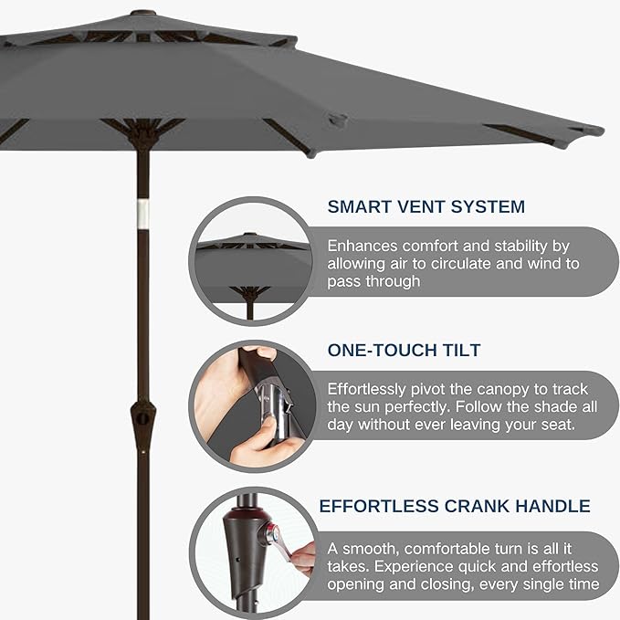 9FT Patio Umbrella 2-Tier Outdoor Market Table Umbrella with Push-Button Tilt & Crank | UPF 50+ & Waterproof for Backyard,Garden,Pool,Deck (Gray)