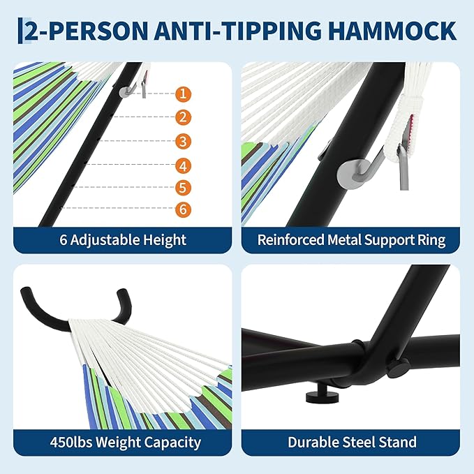 2 Person Hammocks with Stand for Outside, Double Hammocks Portable Space Saving Heavy-Duty Steel Stand for Indoor Outdoor Patio with Carrying Bag, 450 lbs Capacity
