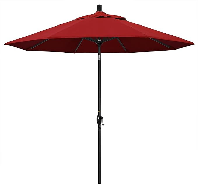 California Umbrella 9' Round Aluminum Market Umbrella, Crank Lift, Push Button Tilt, Black Pole, Pacifica