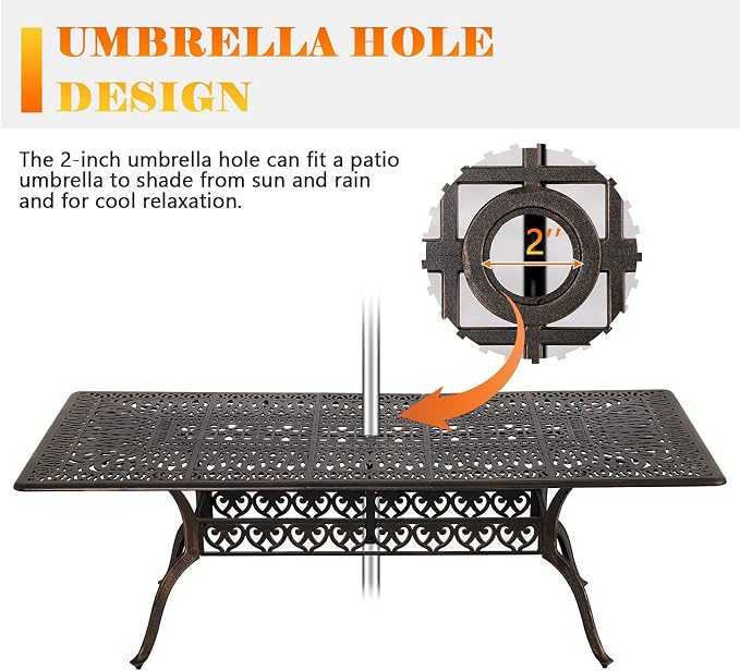 Cast Aluminum Patio Dining Table,Outdoor Dining Table for 8-10,Patio Metal Dining Table with Umbrella Hole for Backyard,Garden,Poolside (1, Rectangular)