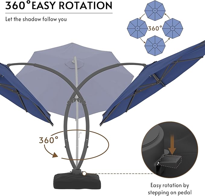 12FT Cantilever Patio Umbrella with Base Included, Large Cantilever umbrella with 360°Rotation, Heavy-Duty Offset Outdoor Umbrella for Patio,Pool,Garden and Backyard (Navy Blue)