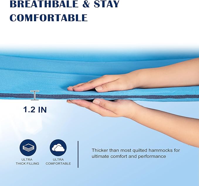 Lazy Daze Hammocks 12 FT Quilted Fabric Hammock with Curved Aluminium Spreader Bar, Outside Double Hammock with Soft Pillow, Side Pocket 450 Lbs Capacity for Patio, Poolside, Lake Blue