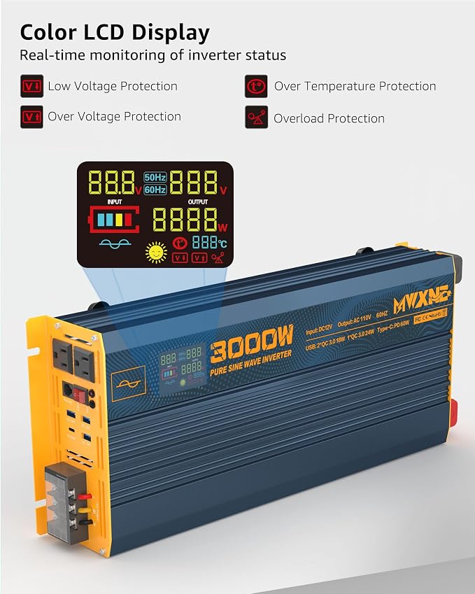 3000W Pure Sine Wave Power Inverter DC 12V to 110V 120V with Fast Charging Type-C& 3 USB Ports LCD Display Remote Controller Power Inverters for Vehicles,RV,Truck,Home,Off-Grid Solar System