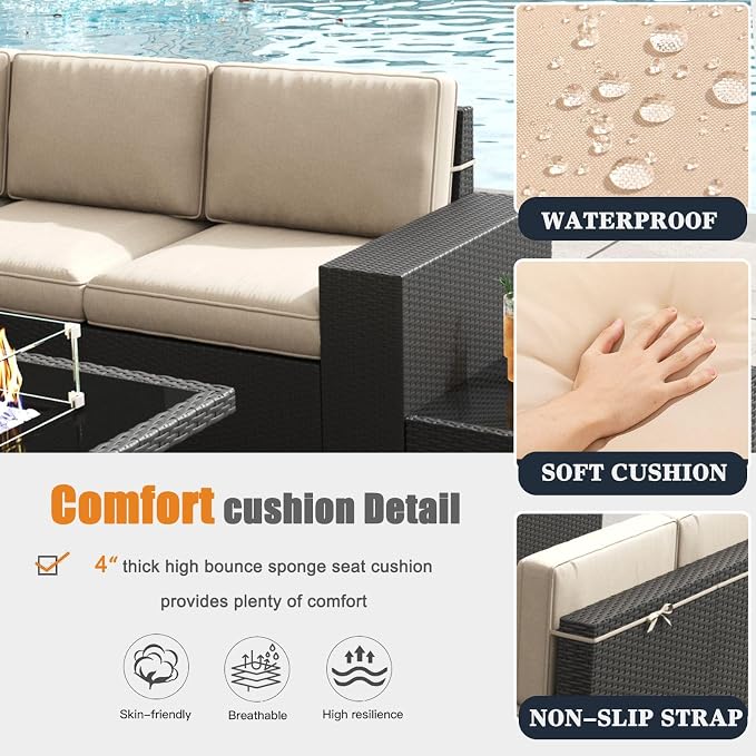 Patio Furniture Set with Fire Pit Table, 7 Pieces Outdoor All-Weather Wicker Conversation Sectional Chair Sofa Set